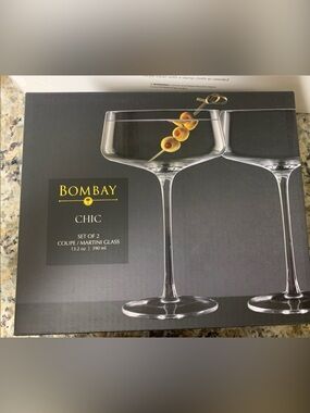 Bombay Clear Coupe Martini Glasses with Olive Accent - Set of 2